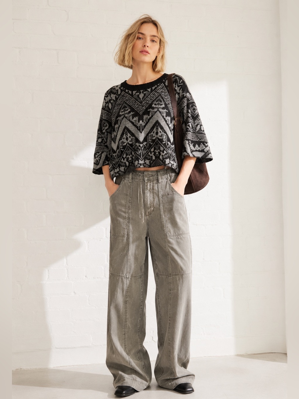 Free People Southwestern Bell Sleeve Wool Alpaca Cropped Sweater Sz XS Oversized